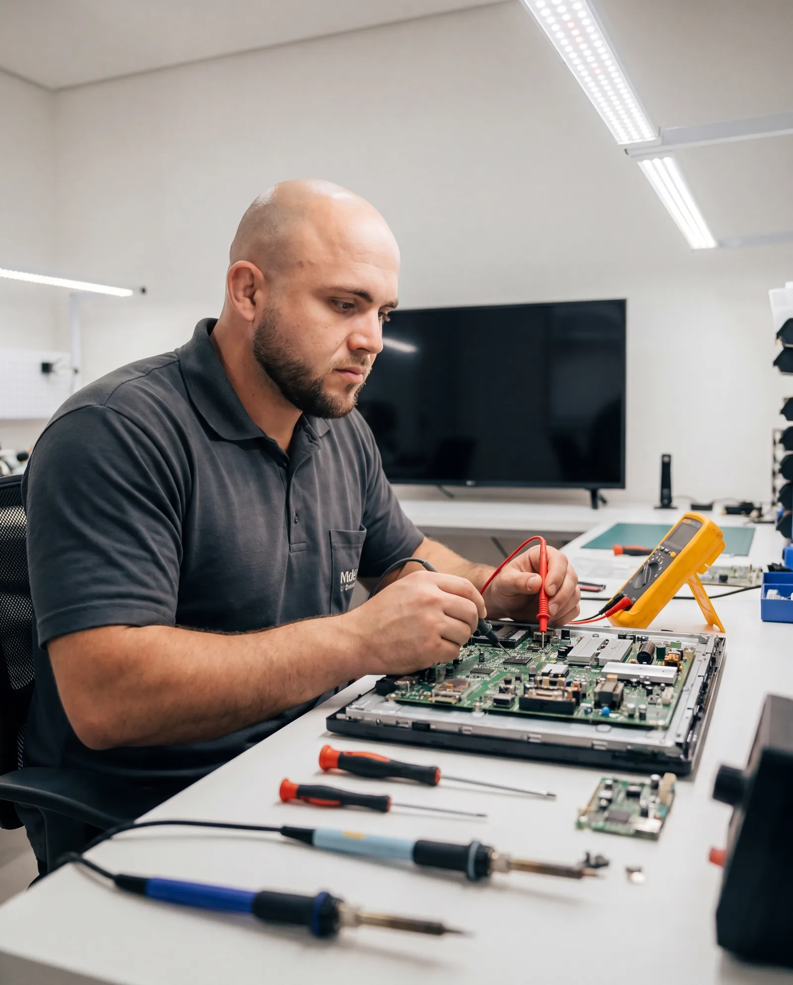 Técnico VWS Eletrônica consertando placa de TV na bancada profissional